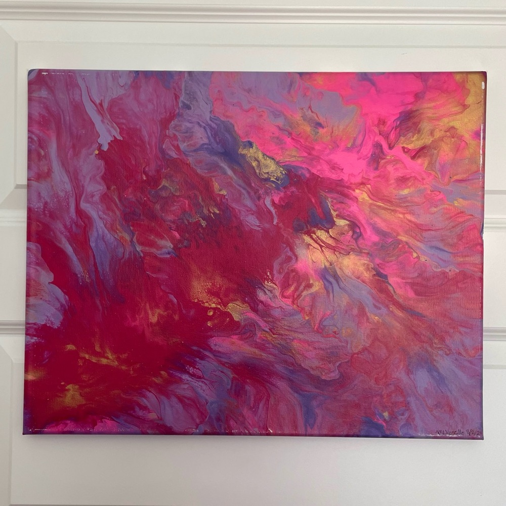 ORIGINAL POUR PAINTING 16”x20” Dark Purple/Berry Red/Hot Pink/Gold/Lavender